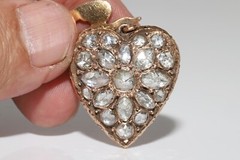 Antique Circa 1900s 12k Gold Natural Rose Cut Diamond Heart Pendant Necklace