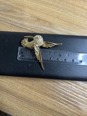 Vintage Humming Bird Brooch Gold Tone with Clear Rhinestones, Green Eye Stone