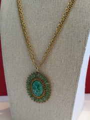 Vintage Celebrity Gold Tone Faux Green Jade Double Chain Necklace 24” BinR