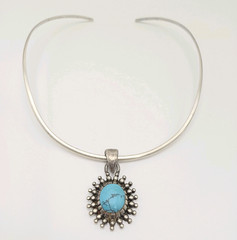 Vintage Sterling Silver Choker Turquoise Pendant Necklace 925 Ethnic Boho Jewelr