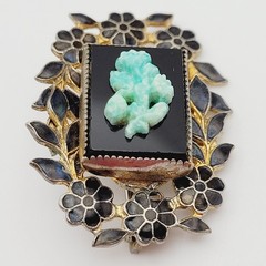 Nouveau Peking Glass Floral Victorian Mourning Brooch Style 1930s Vintage Brooch