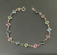 VTG ITALIAN STERLING SILVER BRACELET BEZEL SET MULTI COLOR GLASS STONES 7”