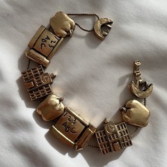 Vintage Gold Tone School Teacher Slide Charm Costume Estate Chunky Bracelet