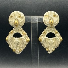 Vintage 80s 90s Jeff Lieb Elephant Clip-On Earrings Cream Gold
