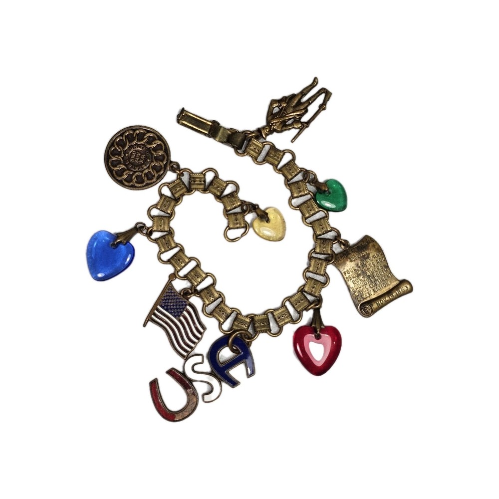 VTG United States US History Charm Bracelet Brass Enamel Bookchain Heart Charms