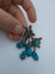 Antique Vintage Chinese Export Turquoise 800 Silver Filigree Earrings Chandelier