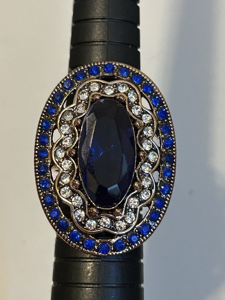Stunning Vntg Large Gold Tone Blue & Clear Rhinestones Chunky Statement Ring 7