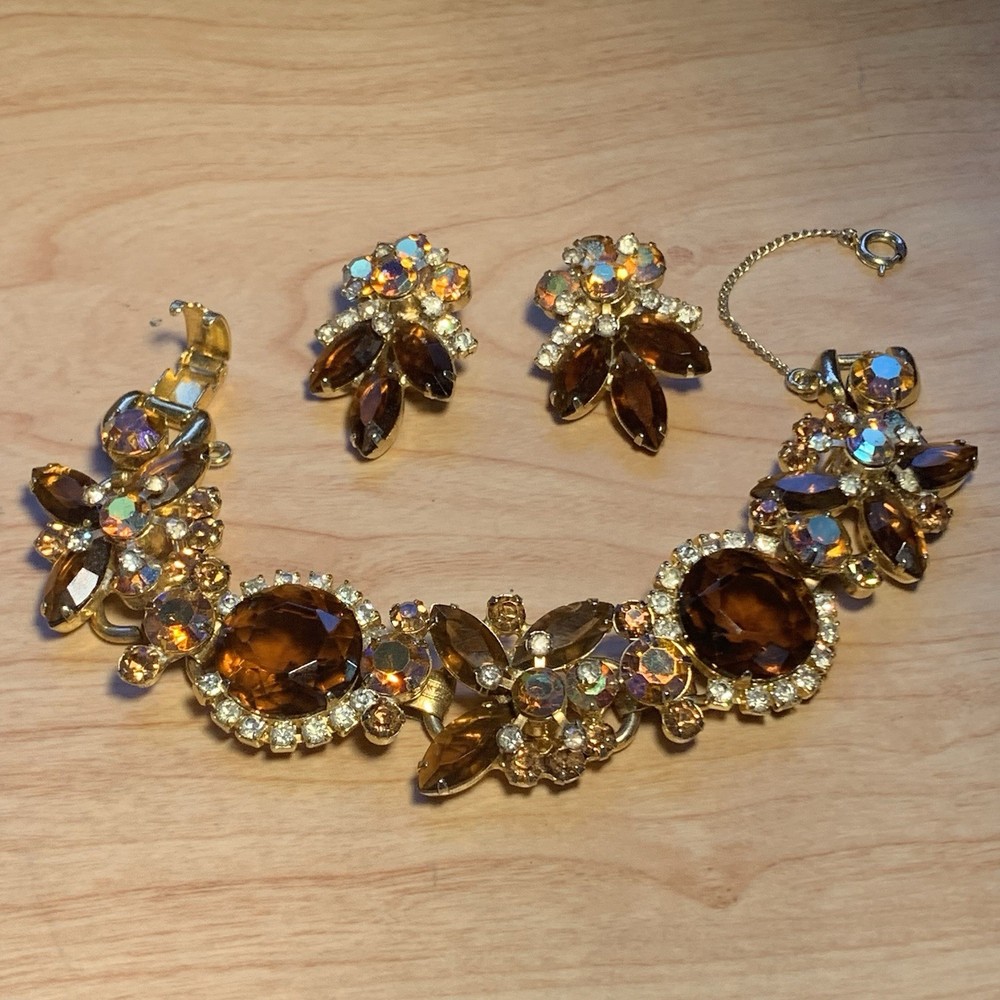 Vintage D&E Juliana Book Brown AB Headlight Rhinestone Bracelet Clip Earring Set