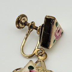 Vtg. Gold Tone Filigree Hand Painted Rose Flower Dangle Earrings 2 In Screw Back