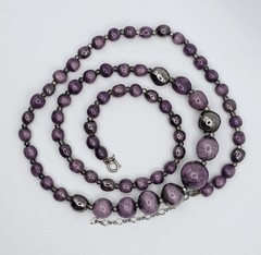 Vintage Sterling Silver Purple Ceramic Beaded Necklace 30″ Long Metallic