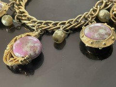 Vintage bracelet purple pearl Art Glass Beaded Gold tone toggle crescent moon 7”