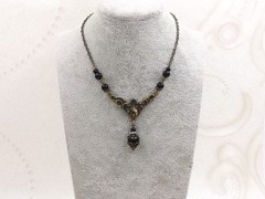 Art Nouveau Necklace Black Bead Rhinestone Antiqued Bronze Victorian Jewelry