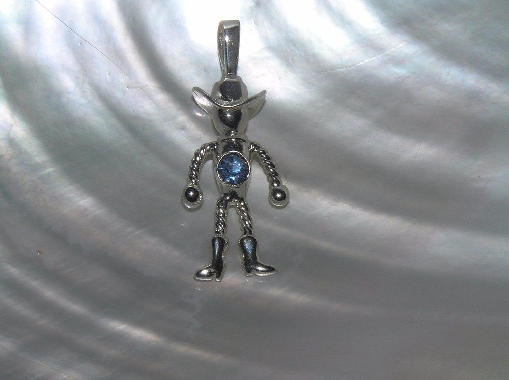 Estate SIlvertone Twist Stick Man Cowboy with Light Blue Rhinestone Pendant –