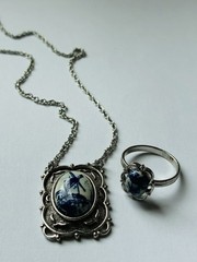Sarah Coventry Blue White Delft Dutch Windmill Pendant Necklace & Ring, Vintage