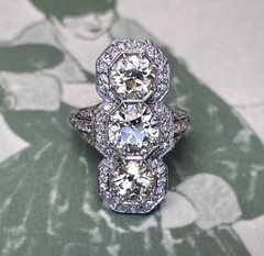 Art Deco Round Lab Created Diamond ThreeStone Wedding 14K White Gold Finish Ring