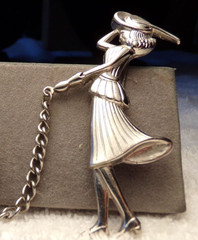 VTG CORO PEGASUS SILVER CHATELAINE DOUBLE PIN MODERN WOMAN WOLFHOUND DOG CHAIN