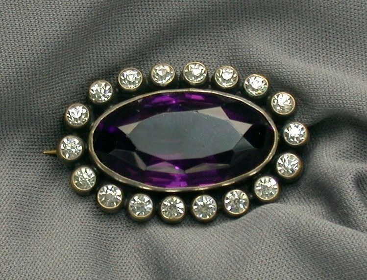Victorian Amethyst Glass Brooch Oval Purple Stone Rhinestone Halo