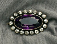 Victorian Amethyst Glass Brooch Oval Purple Stone Rhinestone Halo