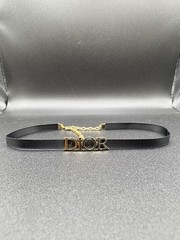 Vintage Christian Dior Black Ribbon Logo Choker Necklace Gold Tone
