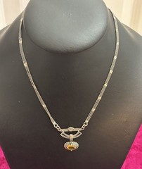Sterling Silver Marcasite and Yellow Stone Pendant Necklace 7.5” in.