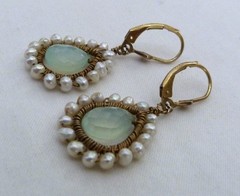 GOLD OVER STERLING SILVER BRIOLETTE AQUA CHALCEDONY FRESHWATER PEARL EARRINGS
