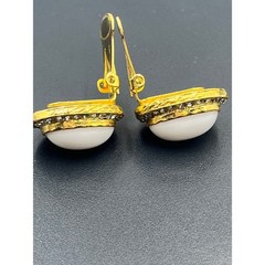White Milk Glass Vintage Oval Cabochon Clip Earrings Rhinestone Halo GoldTone