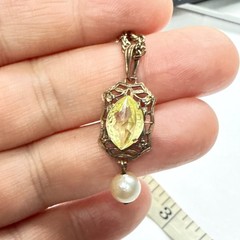 Vintage Filigree Pendant Necklace Yellow Citrine Glass Pearl Drop Gift For Her
