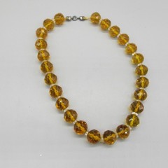 Vintage Glass Necklace Faceted Golden Brown Sterling Clasp Rhinestone Accents 15