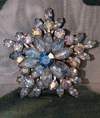 Vintage Ice-Blue Rhinestone Snowflake Brooch & Clip Earrings Set, AB, 1960s