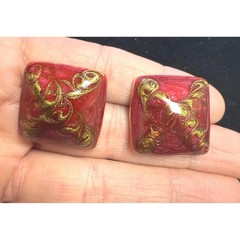 Vintage Red Gold Filigree Marbled Resin Square Stud Statement Earrings 1 Inch