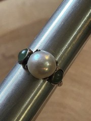 Antique Sterling Silver Pearl Ring with Natural green side stones