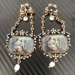 Vintage European Opulent Pearl Oil Painting Portrait Inlay Dangle Earrings Heavy
