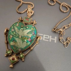 Vintage European Heart Enamel Necklace Unique Dove Inlay Retro Pendant Jewelry