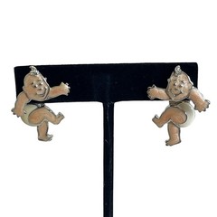 Vintage Edgar Berebi 3D Articulated Enamel Swivel Baby Earrings Diaper Kewpie