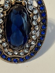 Stunning Vntg Large Gold Tone Blue & Clear Rhinestones Chunky Statement Ring 7