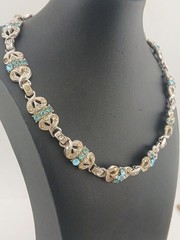 ART DECO REVIVAL Rhodium Plated Panels Clear & Aqua Blue Stones Choker Necklace