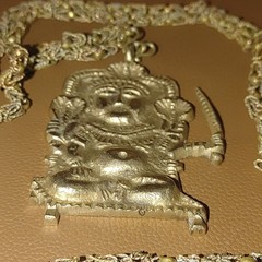 Hindu Goddess Pendant Necklace Long 44′ Vintage Brass Chain Mark India Sarna