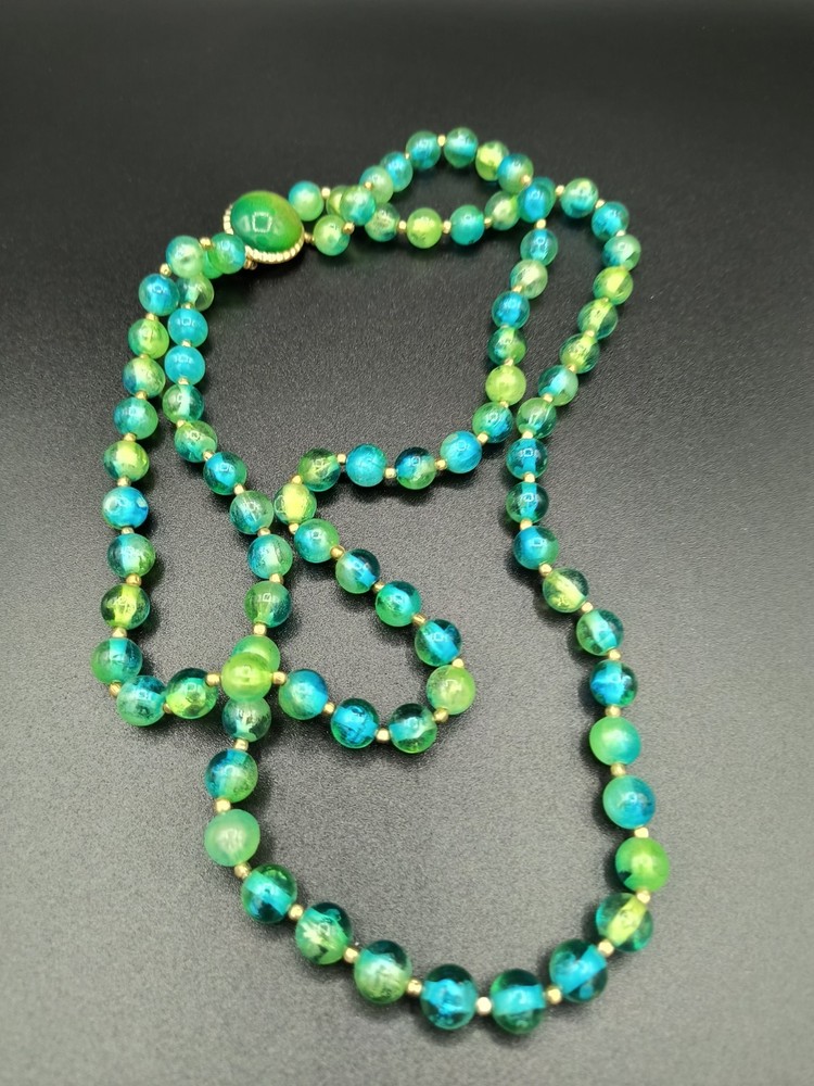 Vtg Hong Kong Translucent Green Teal Ombre Double Strand Bead Strand Necklace
