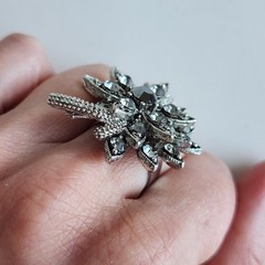 Adjustable Silver Tone Floral Rhinestone Statement Ring Smoky Crystal