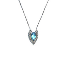 14K White Gold Blue Aquamarine Diamond Artistic Pendant Necklace, 18 Inch Chain