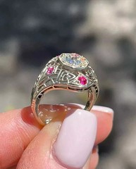 Antique Art Deco Style Round Cut CZ & Ruby Wedding Rings in 925 Sterling Silver