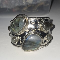 Vtg Metal Cuff Bracelet Labradorite Stones Brutalist Art Adjustable Bold Design