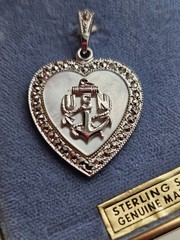 Vintage Theda United States Navy MOP & Marcacites Sterling Sweetheart Pendant…