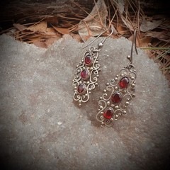 Vintage Sterling Silver 925 Dangle & Filagree Earrings With Red Colored Stone