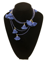 India Handmade Navy Glass Bead Cotton Thread Tassle GoldTone Spacer 80″ Necklace