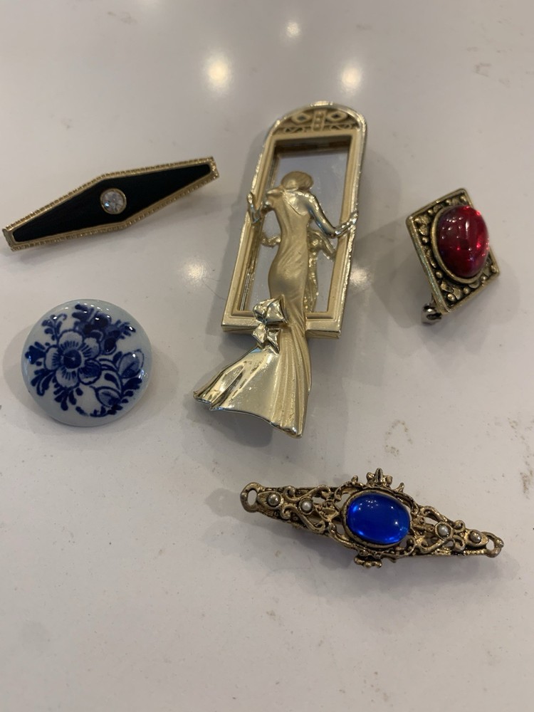 Vintage Brooch Lot, Lady In Mirror, Brass, Blue/ Red Glass, Delft Holland