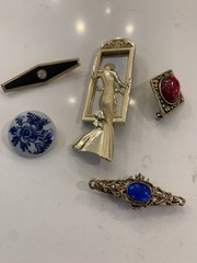 Vintage Brooch Lot, Lady In Mirror, Brass, Blue/ Red Glass, Delft Holland