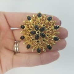 Dome Brooch Gold Tone Filigree Open Work Black Enamel Flower