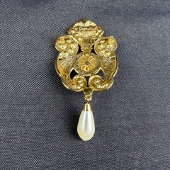 Vintage Jeff Lieb Gold Clear Crystal Pearl Cabochon Purple Stone 4” Brooch Pin