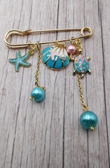 Safety Pin Brooch Aqua Ocean Theme Dangles Gold Mothers Gift Birthday Handmade